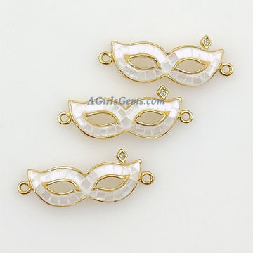 CZ Micro Pave Mardi Gras Connector, Gold Black Masquerade Shell New Orleans Mask Charms, Necklace